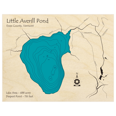 Bathymetric topo map of Little Averill Pond with roads, towns and depths noted in blue water