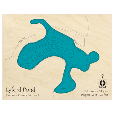 Bathymetric topo map of Lyford Pond with roads, towns and depths noted in blue water