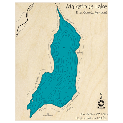 Bathymetric topo map of Maidstone Lake with roads, towns and depths noted in blue water