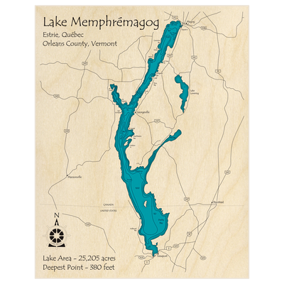 Bathymetric topo map of Lac Memphremagog with roads, towns and depths noted in blue water