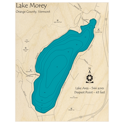 Bathymetric topo map of Lake Morey with roads, towns and depths noted in blue water