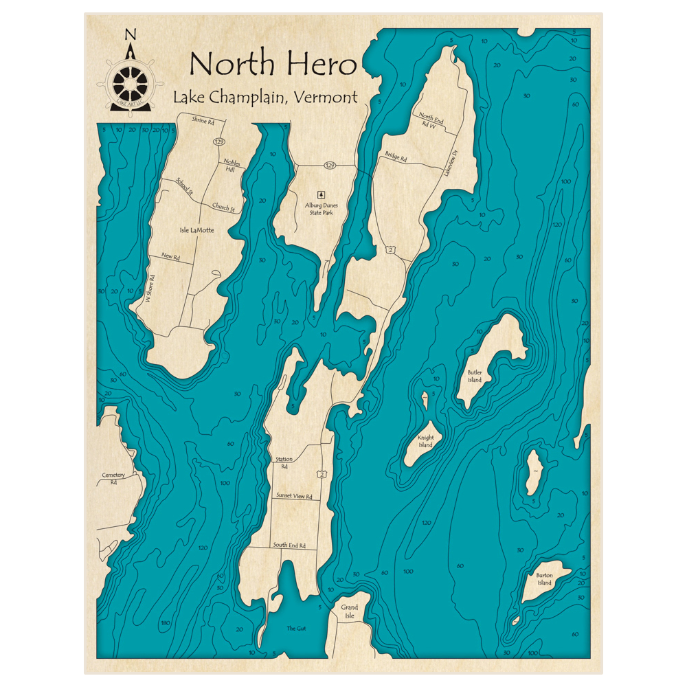 Bathymetric topo map of North Hero (on Lake Champlain) with roads, towns and depths noted in blue water