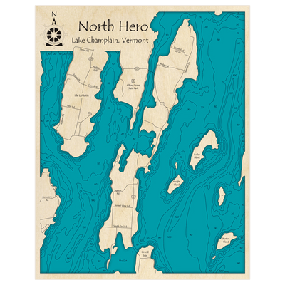 Bathymetric topo map of North Hero (on Lake Champlain) with roads, towns and depths noted in blue water