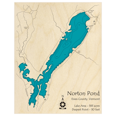 Bathymetric topo map of Norton Pond with roads, towns and depths noted in blue water