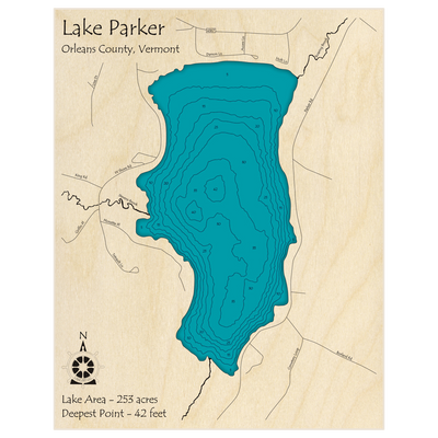 Bathymetric topo map of Lake Parker with roads, towns and depths noted in blue water