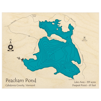 Bathymetric topo map of Peacham Pond with roads, towns and depths noted in blue water