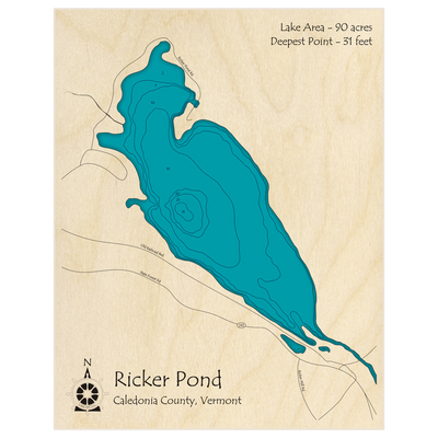 Bathymetric topo map of Ricker Pond with roads, towns and depths noted in blue water