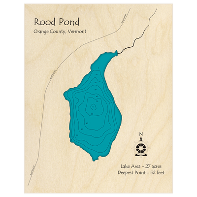 Bathymetric topo map of Rood Pond with roads, towns and depths noted in blue water