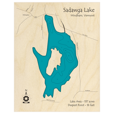 Bathymetric topo map of Sadawga Lake with roads, towns and depths noted in blue water