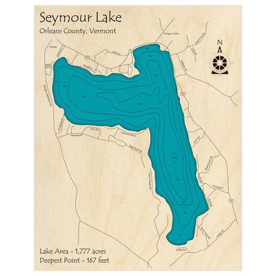 Bathymetric topo map of Seymour Lake with roads, towns and depths noted in blue water