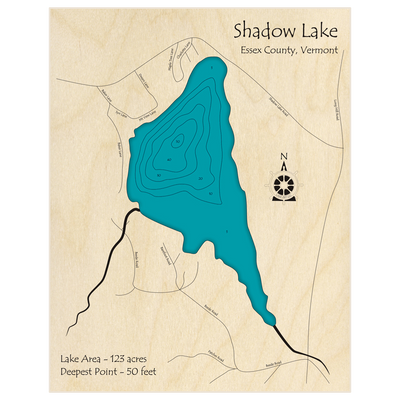 Bathymetric topo map of Shadow Lake with roads, towns and depths noted in blue water