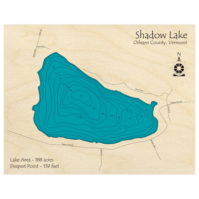 Bathymetric topo map of Shadow Lake with roads, towns and depths noted in blue water