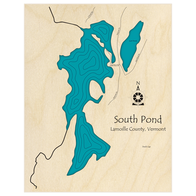 Bathymetric topo map of South Pond  with roads, towns and depths noted in blue water