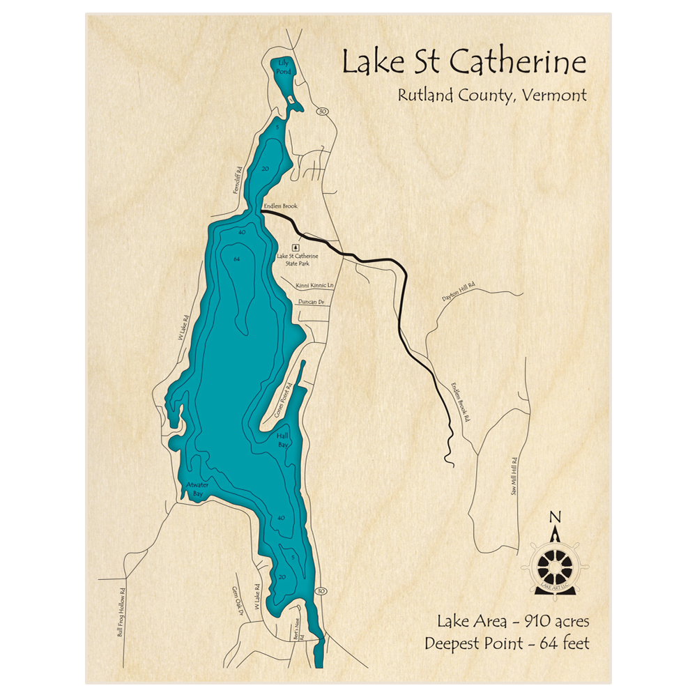 Bathymetric topo map of Lake St Catherine (Without Little Lake) with roads, towns and depths noted in blue water