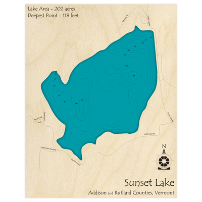 Bathymetric topo map of Sunset Lake with roads, towns and depths noted in blue water