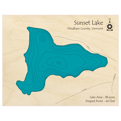 Bathymetric topo map of Sunset Lake with roads, towns and depths noted in blue water