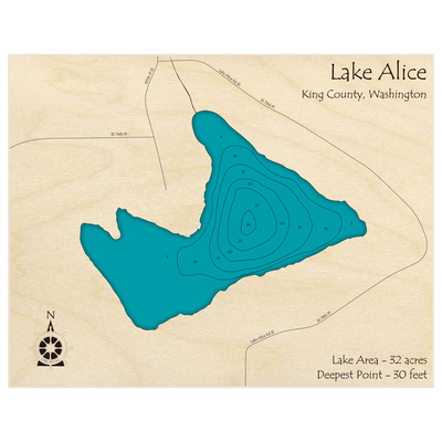 Bathymetric topo map of Lake Alice with roads, towns and depths noted in blue water