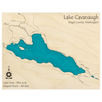 Bathymetric topo map of Lake Cavanaugh with roads, towns and depths noted in blue water