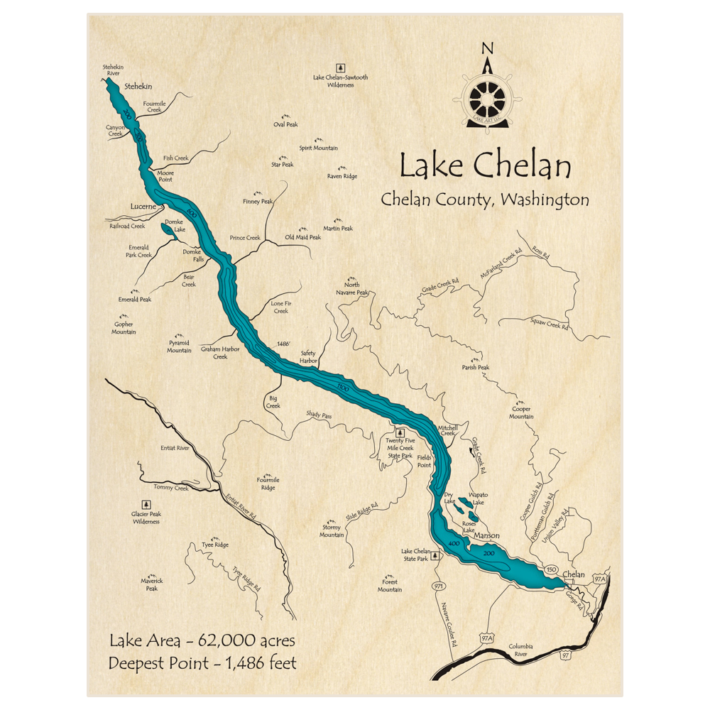 Bathymetric topo map of Lake Chelan with roads, towns and depths noted in blue water