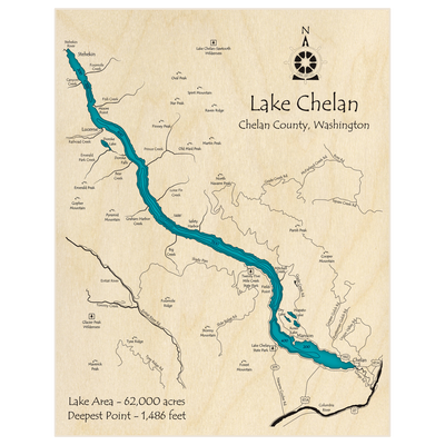 Bathymetric topo map of Lake Chelan with roads, towns and depths noted in blue water