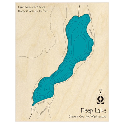 Bathymetric topo map of Deep Lake with roads, towns and depths noted in blue water