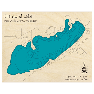 Bathymetric topo map of Diamond Lake with roads, towns and depths noted in blue water