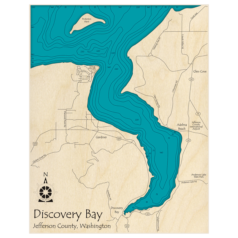 Bathymetric topo map of Discovery Bay with roads, towns and depths noted in blue water