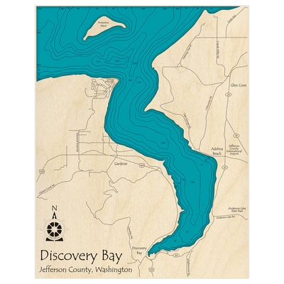 Bathymetric topo map of Discovery Bay with roads, towns and depths noted in blue water