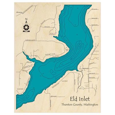 Bathymetric topo map of Eld Inlet with roads, towns and depths noted in blue water