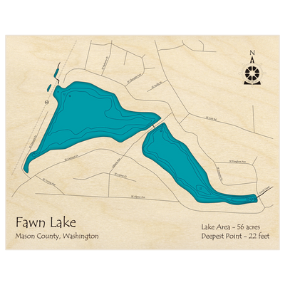 Bathymetric topo map of Fawn Lake with roads, towns and depths noted in blue water