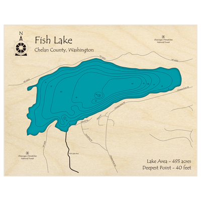 Bathymetric topo map of Fish Lake with roads, towns and depths noted in blue water