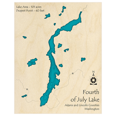 Bathymetric topo map of Fourth of July Lake with roads, towns and depths noted in blue water