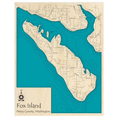 Bathymetric topo map of Fox Island with roads, towns and depths noted in blue water