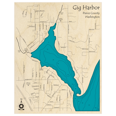 Bathymetric topo map of Gig Harbor with roads, towns and depths noted in blue water