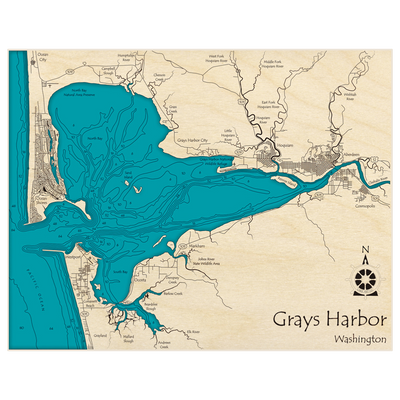 Bathymetric topo map of Grays Harbor with roads, towns and depths noted in blue water