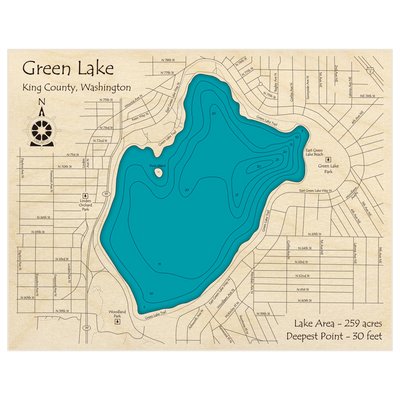 Bathymetric topo map of Green Lake with roads, towns and depths noted in blue water