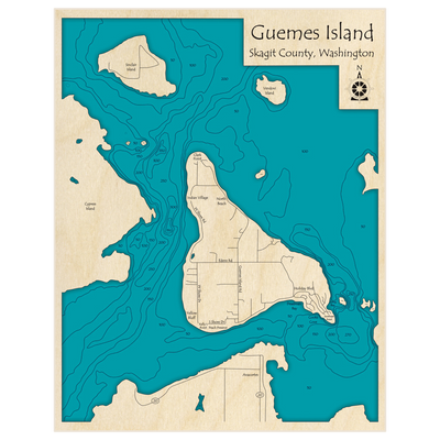 Bathymetric topo map of Guemes Island with roads, towns and depths noted in blue water