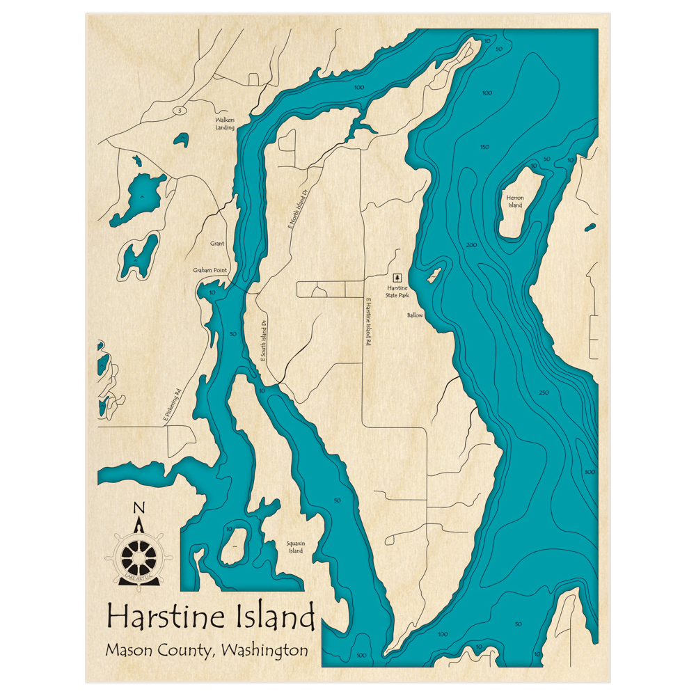 Bathymetric topo map of Harstine Island with roads, towns and depths noted in blue water