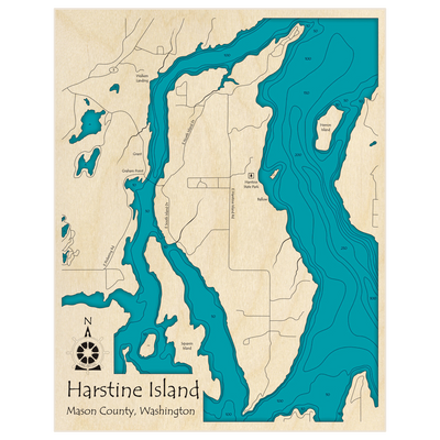 Bathymetric topo map of Harstine Island with roads, towns and depths noted in blue water