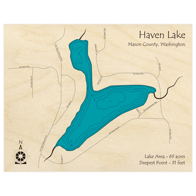 Bathymetric topo map of Haven Lake with roads, towns and depths noted in blue water