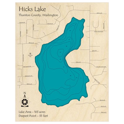 Bathymetric topo map of Hicks Lake with roads, towns and depths noted in blue water