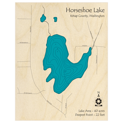 Bathymetric topo map of Horseshoe Lake with roads, towns and depths noted in blue water