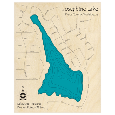 Bathymetric topo map of Josephine Lake with roads, towns and depths noted in blue water