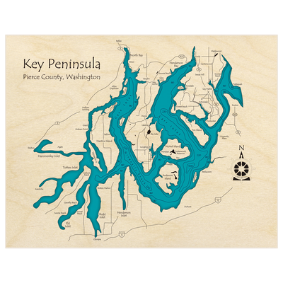 Bathymetric topo map of Key Peninsula with roads, towns and depths noted in blue water