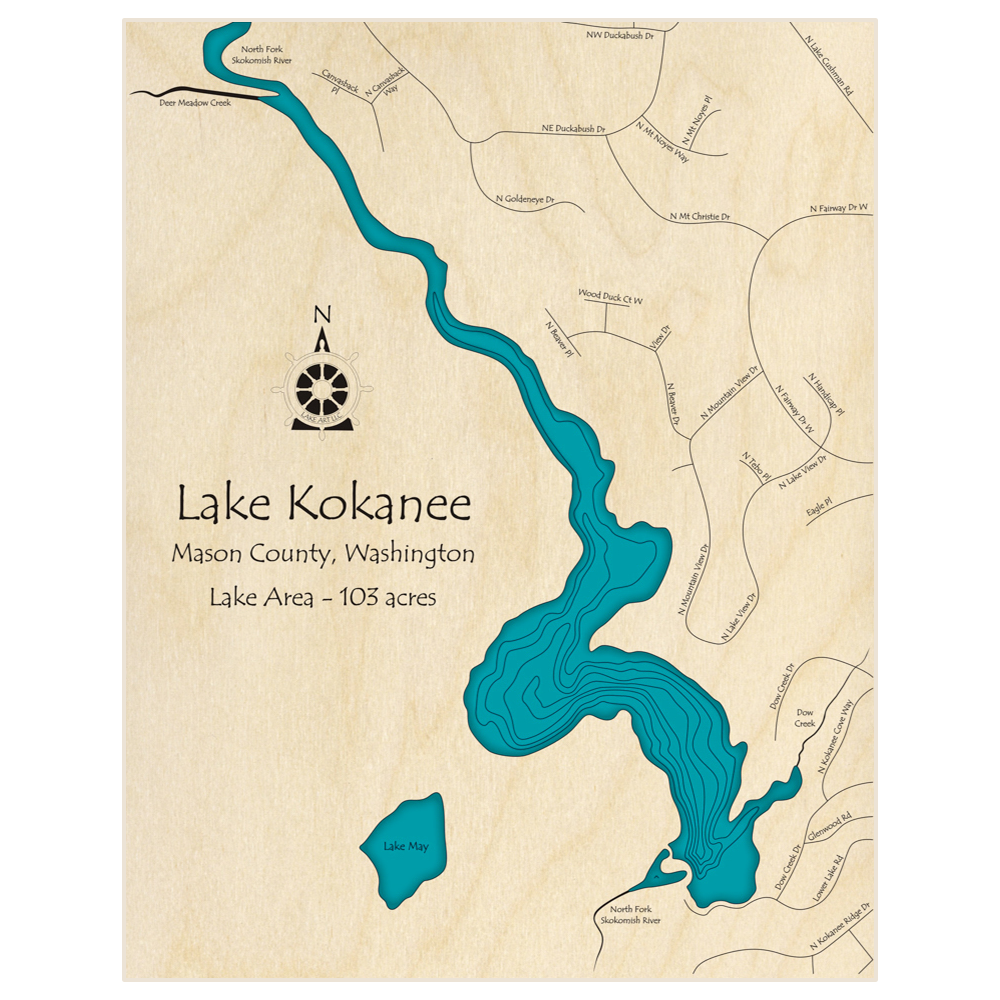 Bathymetric topo map of Lake Kokanee  with roads, towns and depths noted in blue water