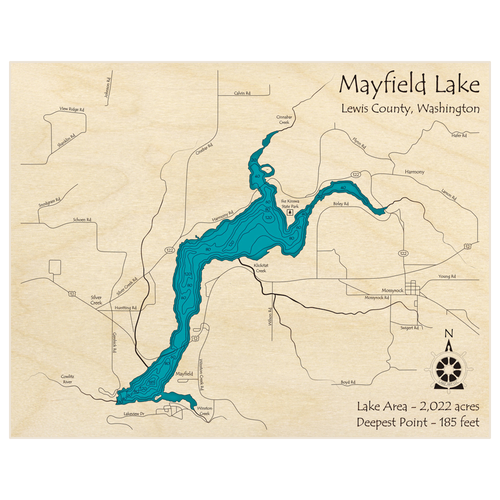 Bathymetric topo map of Mayfield Lake with roads, towns and depths noted in blue water