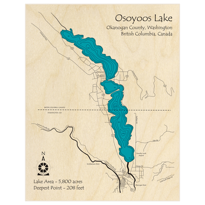 Bathymetric topo map of Osoyoos Lake with roads, towns and depths noted in blue water