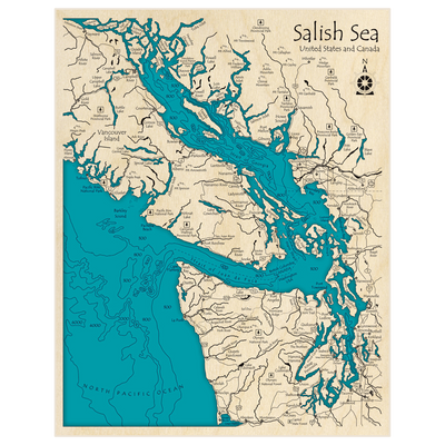 Bathymetric topo map of Salish Sea with roads, towns and depths noted in blue water