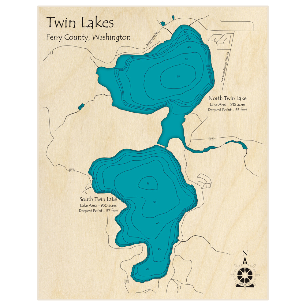 Bathymetric topo map of Twin Lakes (North and South) with roads, towns and depths noted in blue water