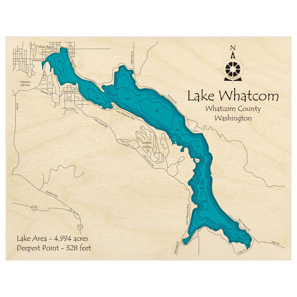 Bathymetric topo map of Lake Whatcom with roads, towns and depths noted in blue water